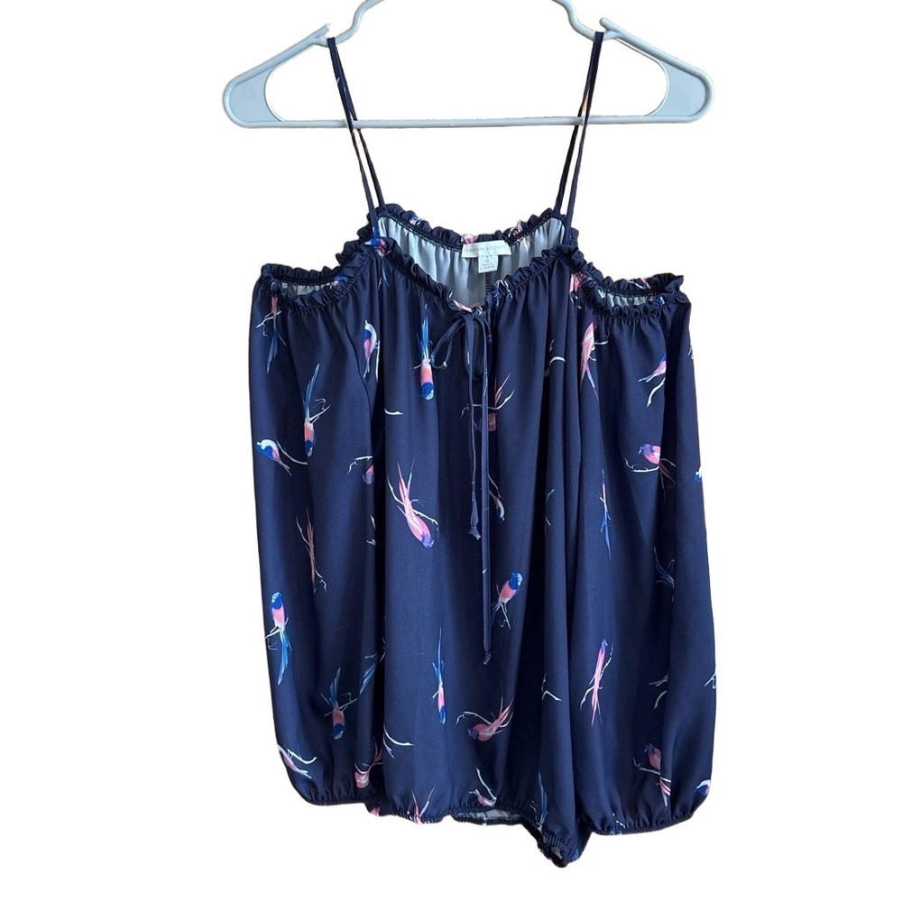 NY & COMPANY Womens M Navy Print Cold Shoulder Ruffle Blouse
